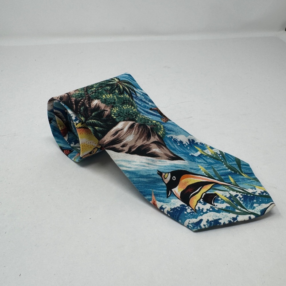 Hilo Hattie Mens Hawaiian Silk Tie‎ Blue Tropical Fish Sea Turtle Made in Hawaii